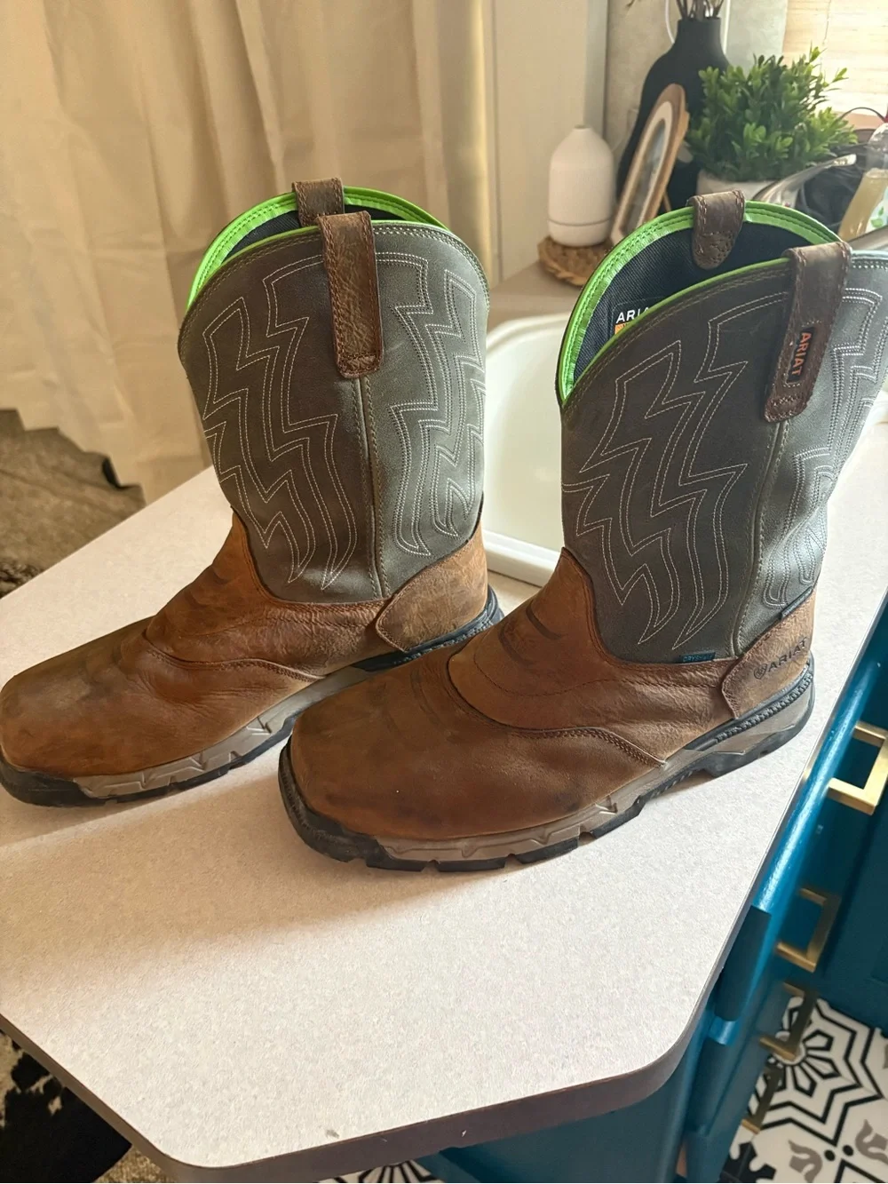 Ariat Brown Leather & Olive Pull-On Boots with Neon Green Accent